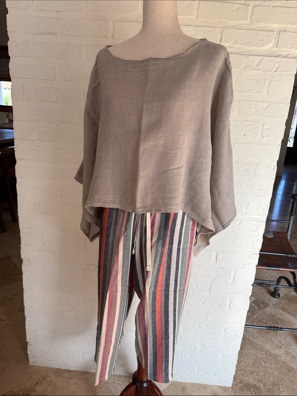 Boxy Taupe Top with Striped Linen Drawstring Pants